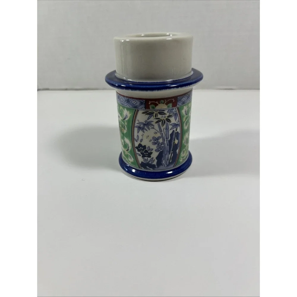 Vintage Colonial Candle Made In Japan Ceramic Candle‎ Holder, Blue, Green, White